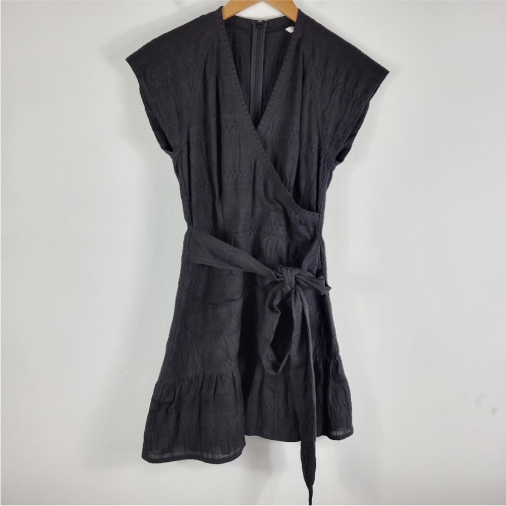 Veronica Beard Shadow Extended Shoulder Shirred Ruffle Wrap Minidress Black Sz 6 - Picture 2 of 12